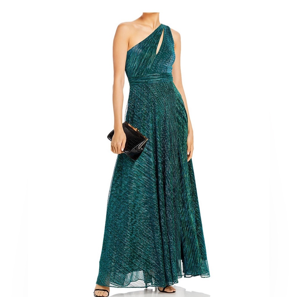 Aqua one-shoulder crinkled metallic gown